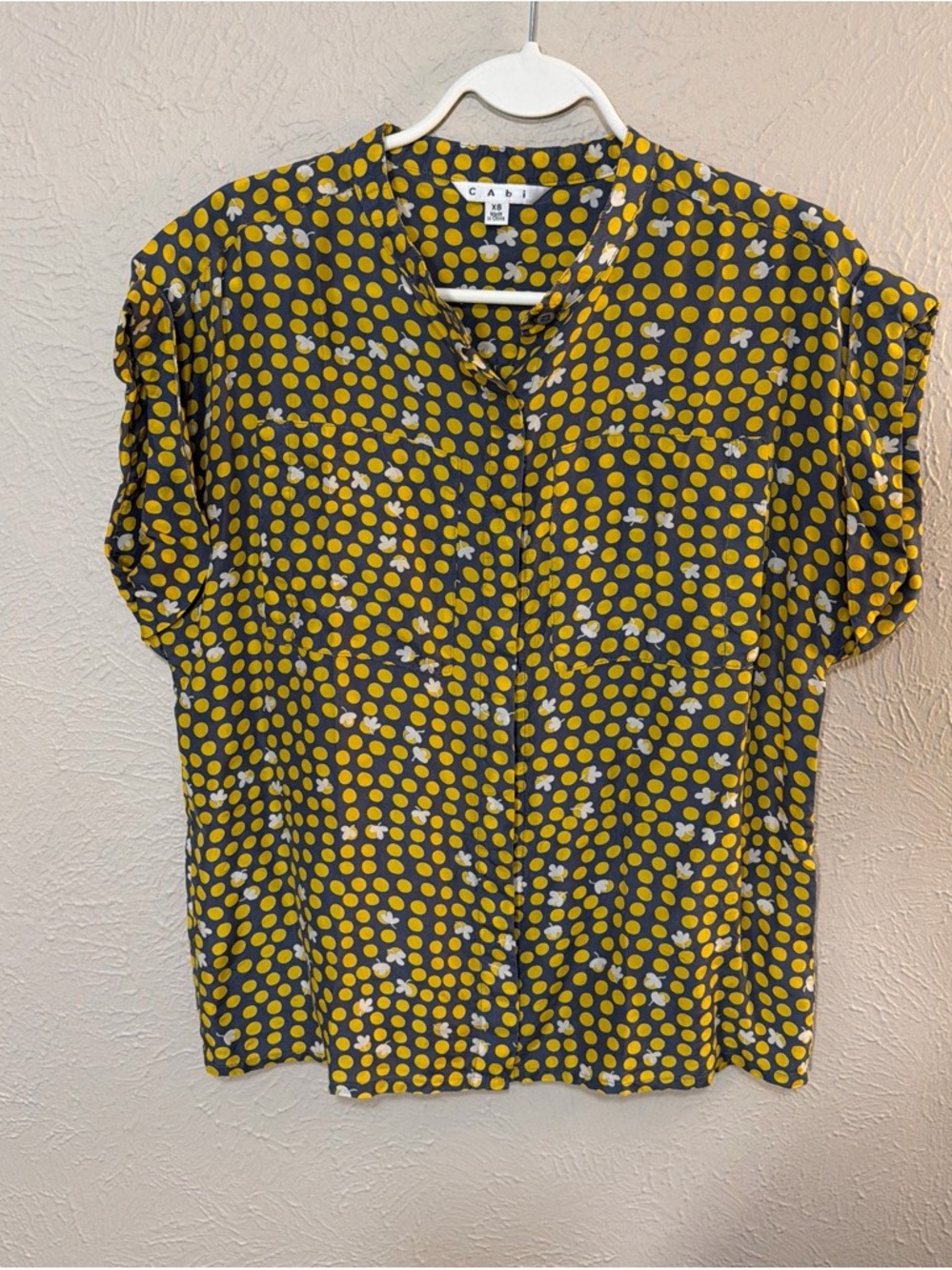 CAbi Yellow Silk Dot Short Sleeve Blouse
